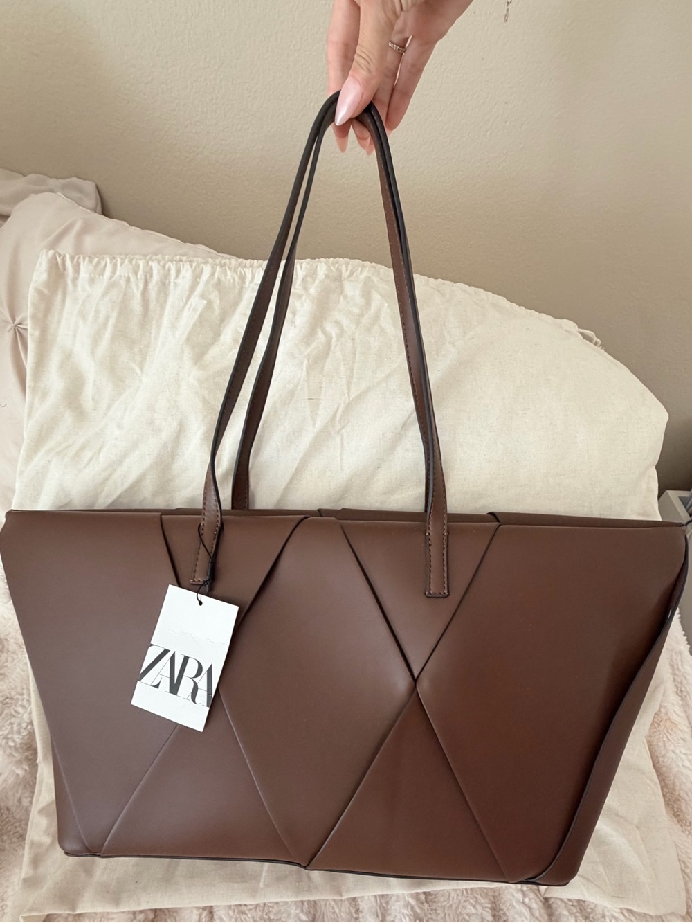 ZARA Chocolate Brown Quilted Tote Bag with Long Straps